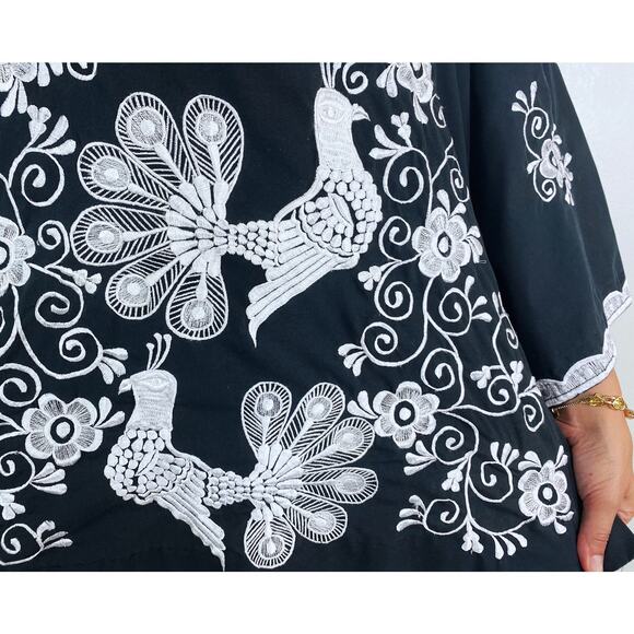 vintage 70s Chuchi Black EMBROIDERED PEACOCK Bell Sleeve TUNIC Large handmade - Picture 6 of 10